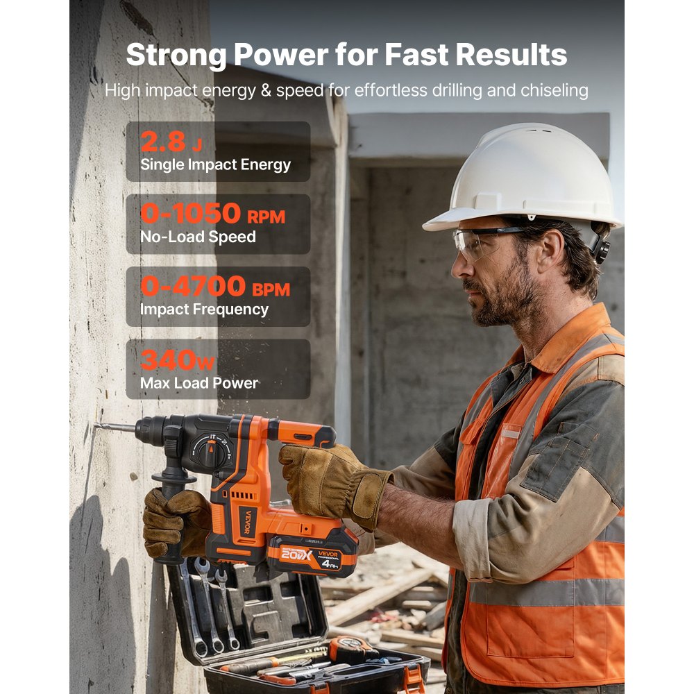 VEVOR Akku-Bohrhammer 13/16 Zoll SDS-Plus, 20 V Meißelhammer Bürstenlos mit Ladegerät & 3 Bohrer & Flachmeißel & Spitzmeißel & Transportkoffer, für Beton und Mauerwerk Schwarz Orange