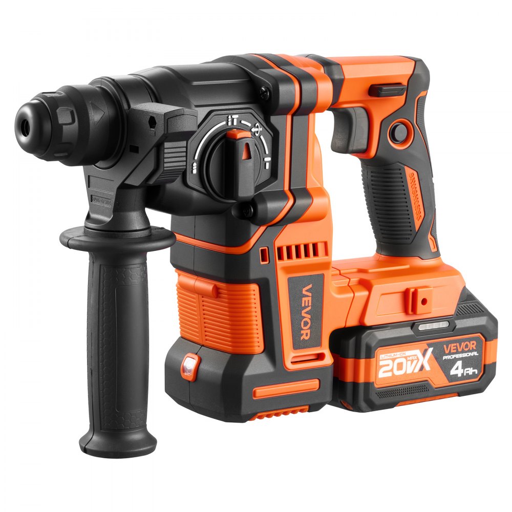 VEVOR Akku-Bohrhammer 13/16 Zoll SDS-Plus, 20 V Meißelhammer Bürstenlos mit Ladegerät & 3 Bohrer & Flachmeißel & Spitzmeißel & Transportkoffer, für Beton und Mauerwerk Schwarz Orange