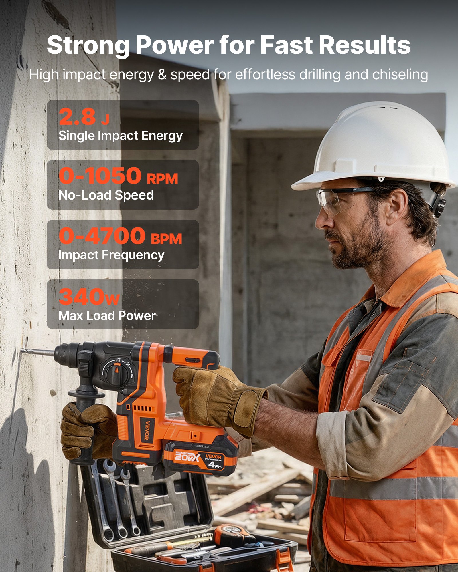 VEVOR Akku-Bohrhammer 13/16 Zoll SDS-Plus, 20 V Meißelhammer Bürstenlos mit Ladegerät & 3 Bohrer & Flachmeißel & Spitzmeißel & Transportkoffer, für Beton und Mauerwerk Schwarz Orange
