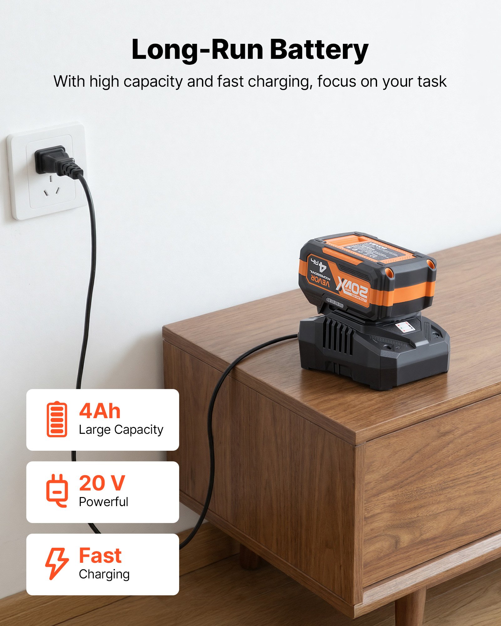 VEVOR Akku-Bohrhammer 13/16 Zoll SDS-Plus, 20 V Meißelhammer Bürstenlos mit Ladegerät & 3 Bohrer & Flachmeißel & Spitzmeißel & Transportkoffer, für Beton und Mauerwerk Schwarz Orange