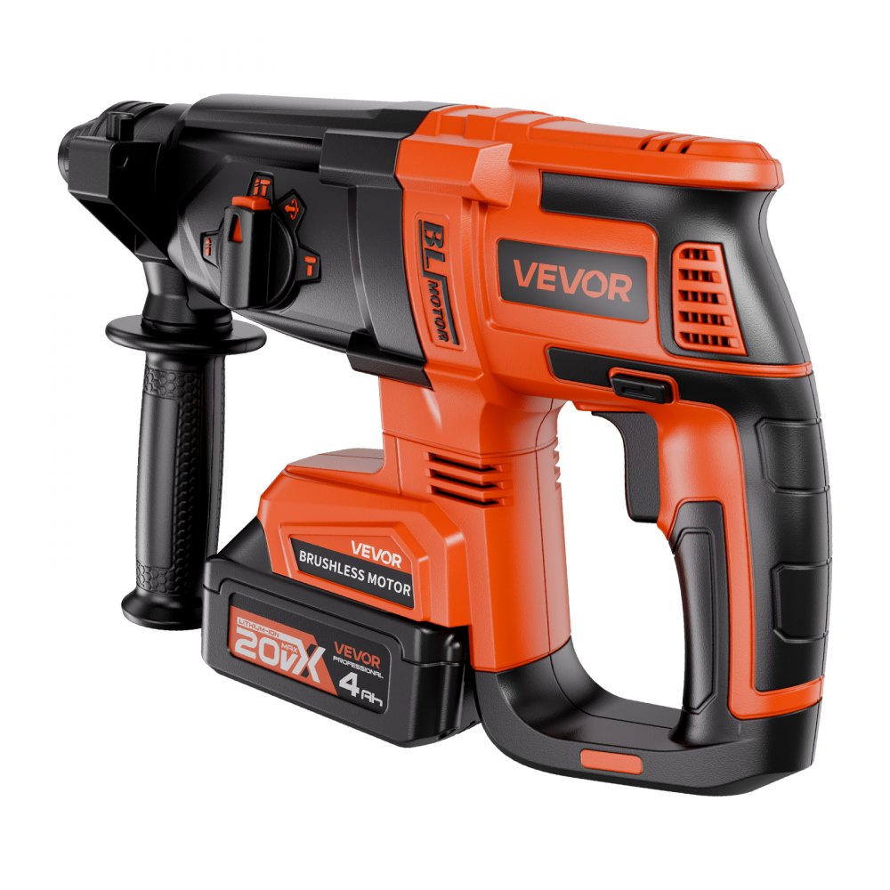 VEVOR 20 V bürstenloser Akku-Bohrhammer kabellos, Lithium-Ionen 26 mm Bohrhammer, SDS-Plus Elektro-Leichtbausatz mit Akku & Ladegerät & Tragekoffer, 4 Funktionen 1200 U/min 5300 BPM