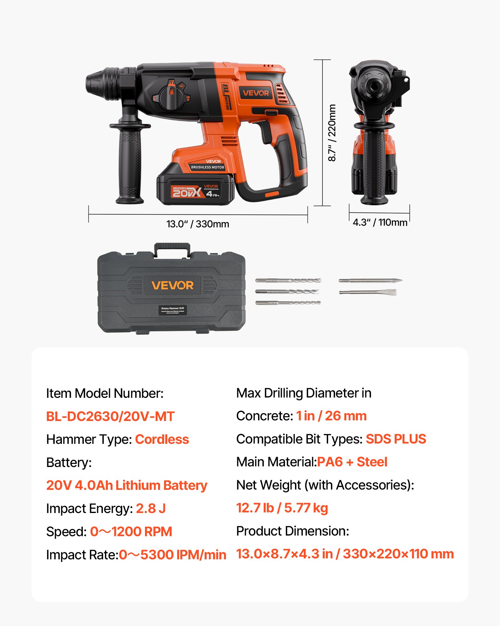 VEVOR 20 V bürstenloser Akku-Bohrhammer kabellos, Lithium-Ionen 26 mm Bohrhammer, SDS-Plus Elektro-Leichtbausatz mit Akku & Ladegerät & Tragekoffer, 4 Funktionen 1200 U/min 5300 BPM