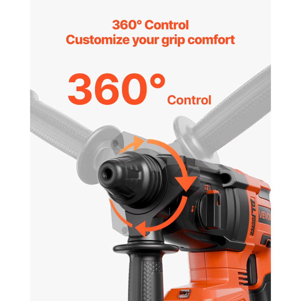 VEVOR 20 V bürstenloser Akku-Bohrhammer kabellos, Lithium-Ionen 28 mm Bohrhammer, SDS-Plus Elektro-Leichtbausatz mit Akku & Ladegerät & Tragekoffer, 4 Funktionen, 1200 U/min, 5300 BPM