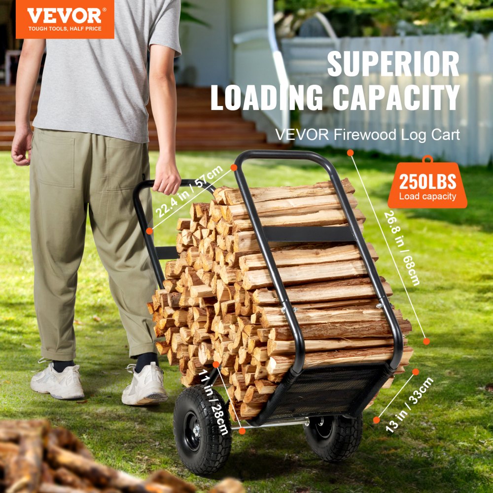 VEVOR Firewood Trolley 67x52x110cm, Powder-Coated Steel Firewood Cart with 266.7 mm Rubber Wheels, Max. Load 113.4 kg, Includes Bungee Cord and 600D Oxford Cloth Floor Net