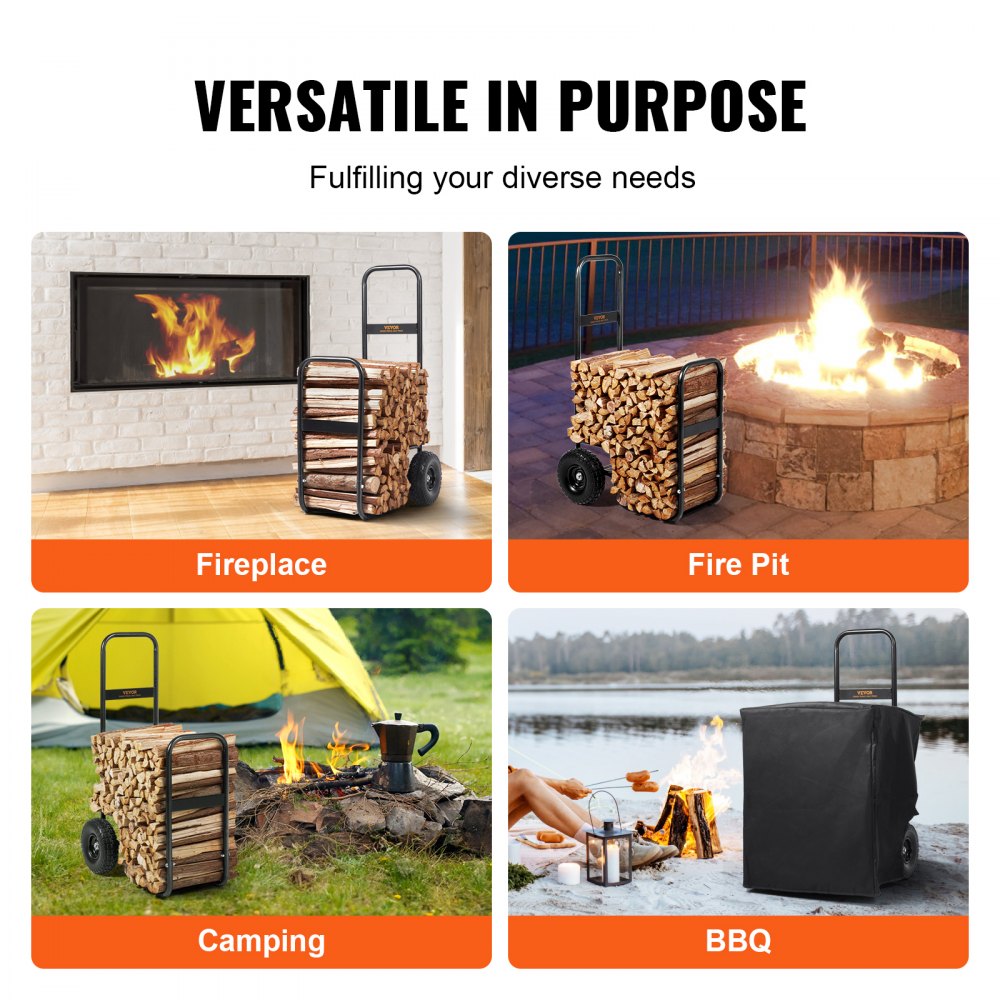 VEVOR Firewood Trolley 67x52x110cm, Powder-Coated Steel Firewood Cart with 266.7 mm Rubber Wheels, Max. Load 113.4 kg, Includes Bungee Cord and 600D Oxford Cloth Floor Net