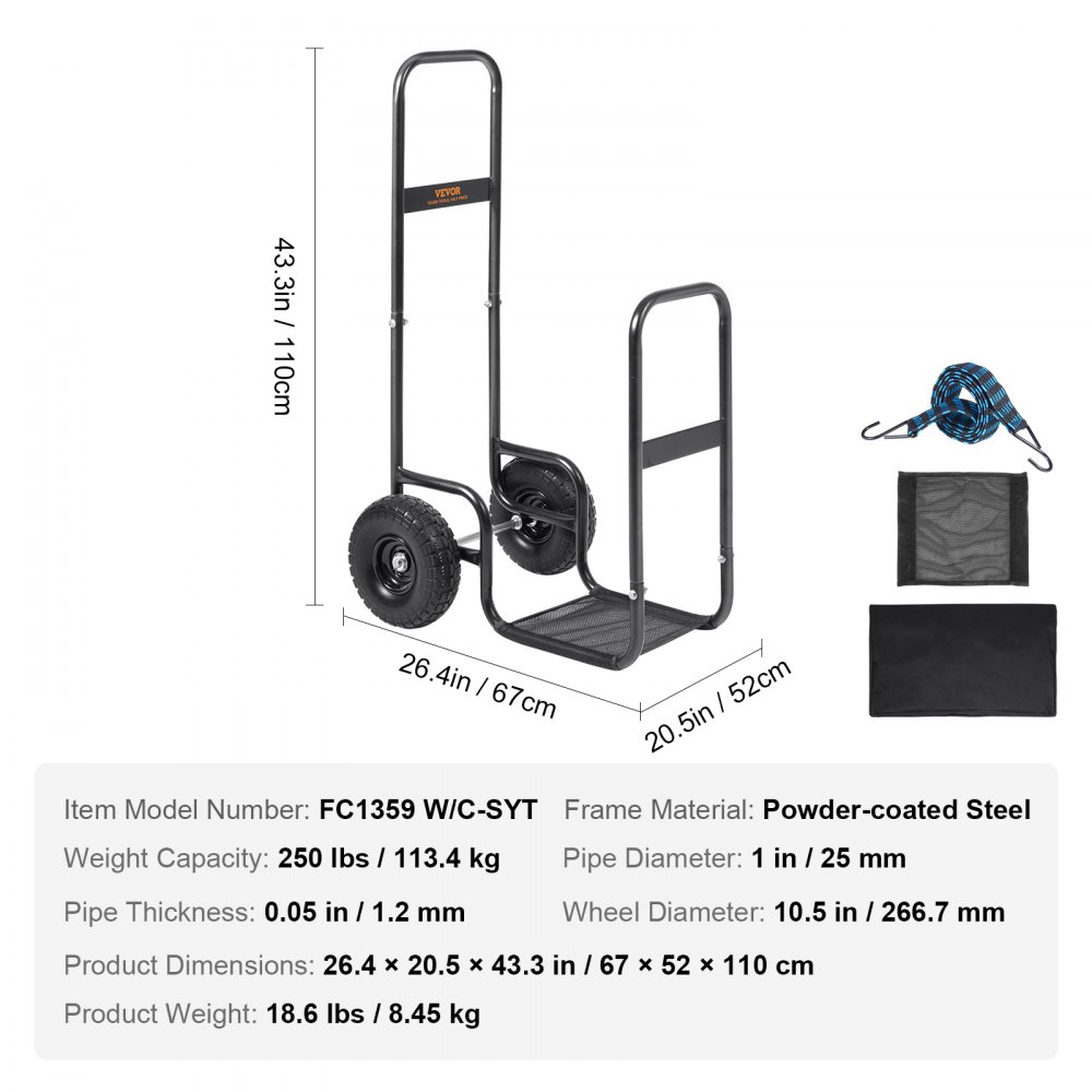 VEVOR Firewood Trolley 67x52x110cm, Powder-Coated Steel Firewood Cart with 266.7 mm Rubber Wheels, Max. Load 113.4 kg, Includes Bungee Cord and 600D Oxford Cloth Floor Net