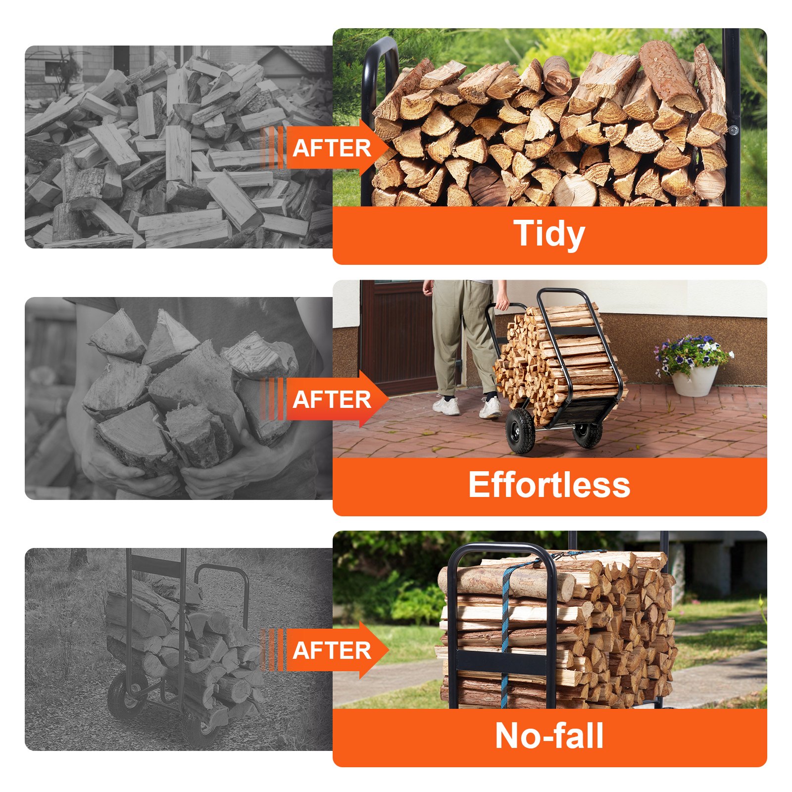 VEVOR Firewood Trolley 67x52x110cm, Powder-Coated Steel Firewood Cart with 266.7 mm Rubber Wheels, Max. Load 113.4 kg, Includes Bungee Cord and 600D Oxford Cloth Floor Net