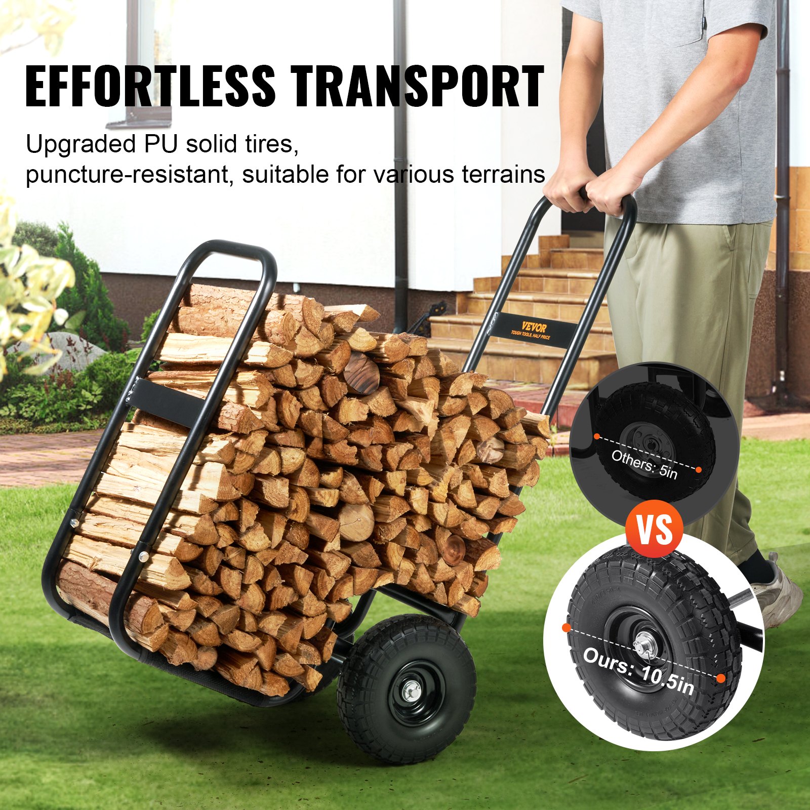 VEVOR Firewood Trolley 67x52x110cm, Powder-Coated Steel Firewood Cart with 266.7 mm Rubber Wheels, Max. Load 113.4 kg, Includes Bungee Cord and 600D Oxford Cloth Floor Net