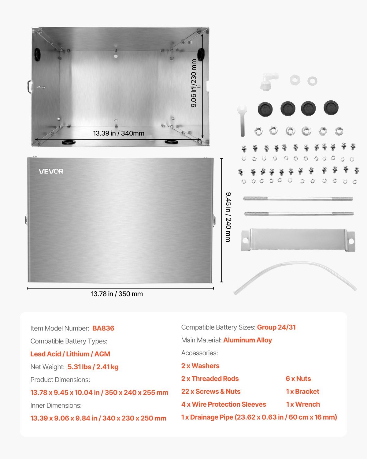 VEVOR Batteriekasten, Gruppe 24/31, Batteriebox für Schiffsbatterien mit Griffen & Kabellöchern mit Gummitülle, Gehäuse aus Aluminiumlegierung, geeignet für Offroad-Rennwagen & LKWs