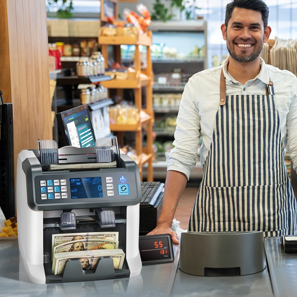 VEVOR Geldzählmaschine, Banknotenzähler mit Gemischten Nennwerten, 2CIS, SN, UV, IR, MG, DD Falschgelderkennung, Mehrere Währungen, Wertzähl- und Sortiergerät, Drucker Aktiviert