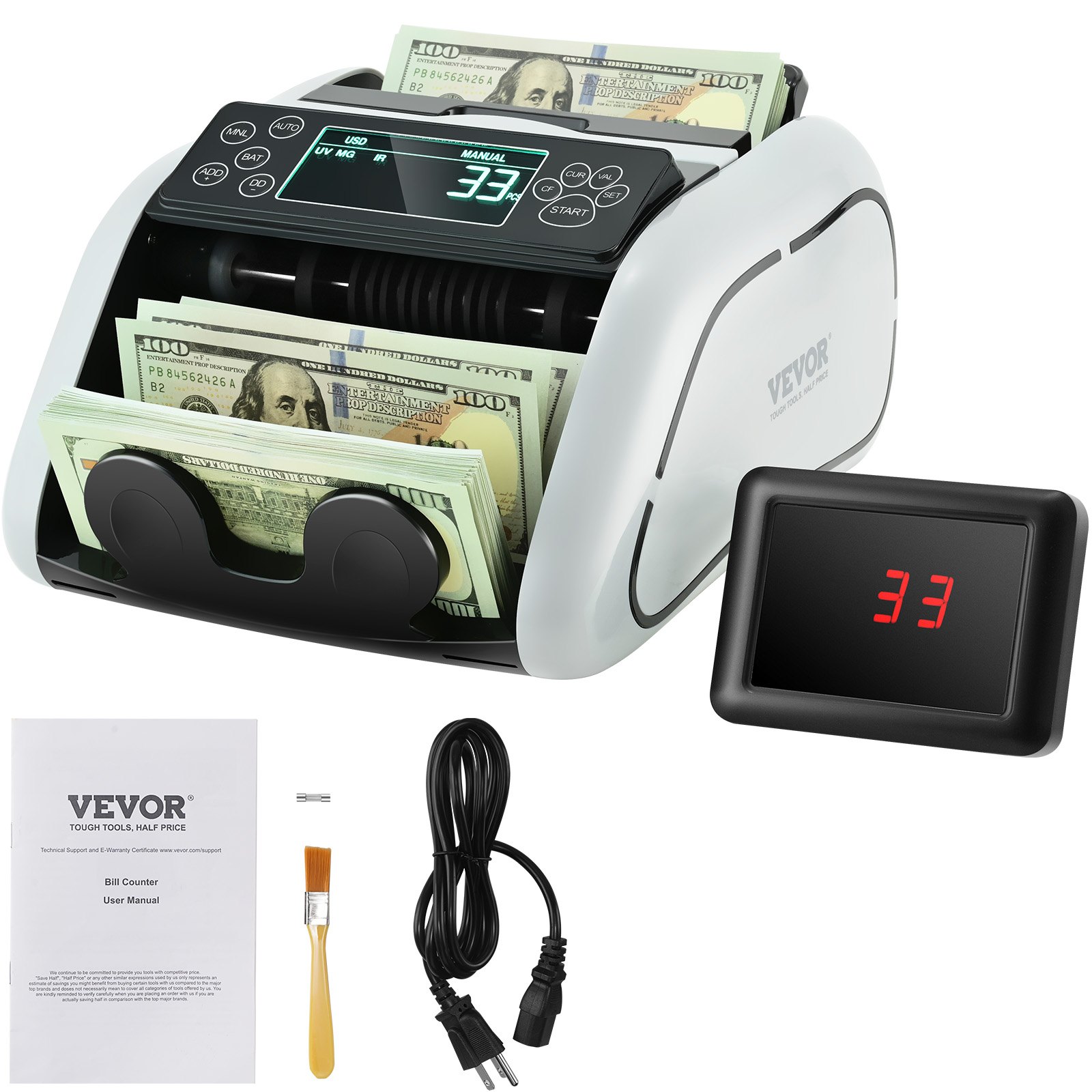 VEVOR Geldzählmaschine, Banknotenzähler mit UV-, MG-, IR- und DD-Falschgelderkennung, USD- und EUR-Geldzählmaschine mit Großem LCD & Externem Display für Kleine Unternehmen