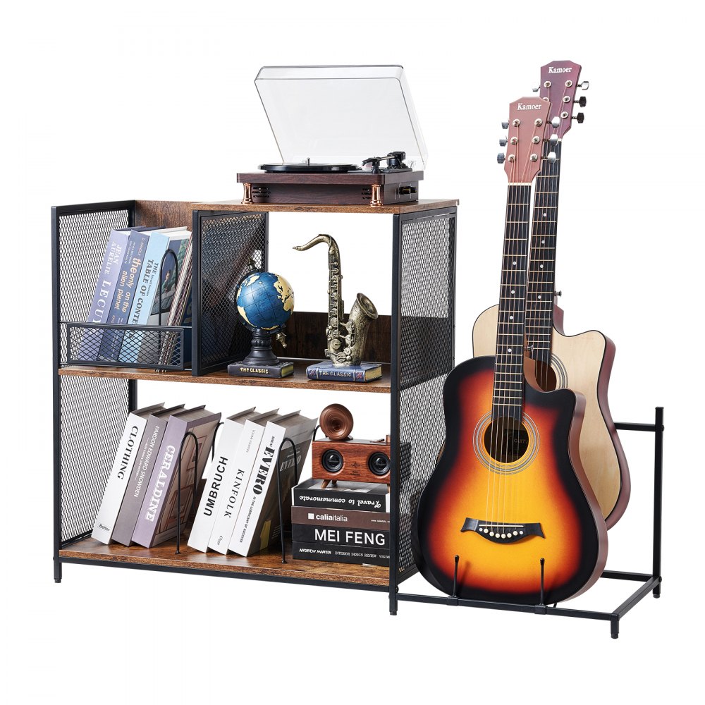 VEVOR 3-Tier Turntable Stand with Guitar Holder, Record Rack with Storage for up to 300 Albums, Vinyl Record Cabinet with Metal Grid Frame for Living Room Bedroom