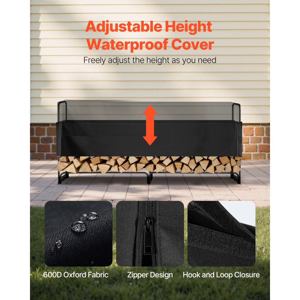 VEVOR Firewood Rack with Waterproof Cover, 257 x 36 x 117 cm Outdoor Firewood Holder, 660lb Weight Capacity, 1/2 Cord Log Holder, Half-Covered, Powder-coated Wood Storage Rack for Fireplace Deck