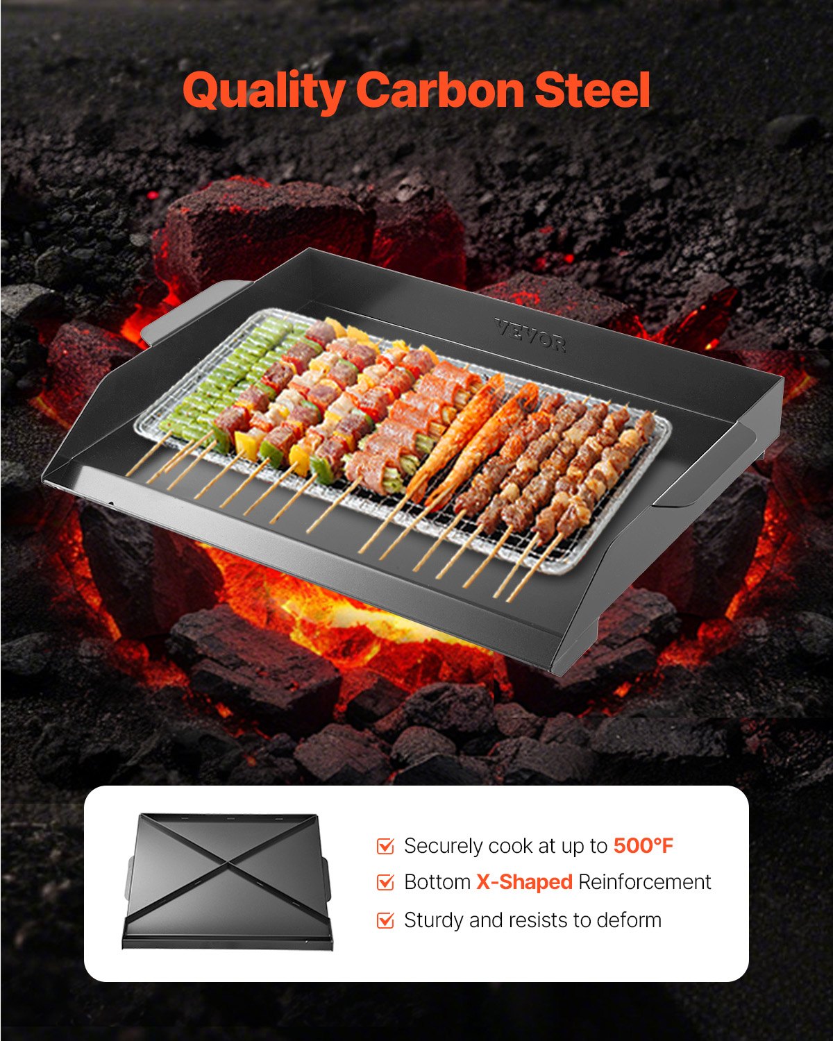 VEVOR Grillplatte Grillpfanne Karbonstahl universelle rechteckige Platte (502 x 370 mm) mit flacher Oberseite, Gasgrill-Grillplatte für BBQ-Grill Teppanyaki, tragbares Familienkochgeschirr mit Griff