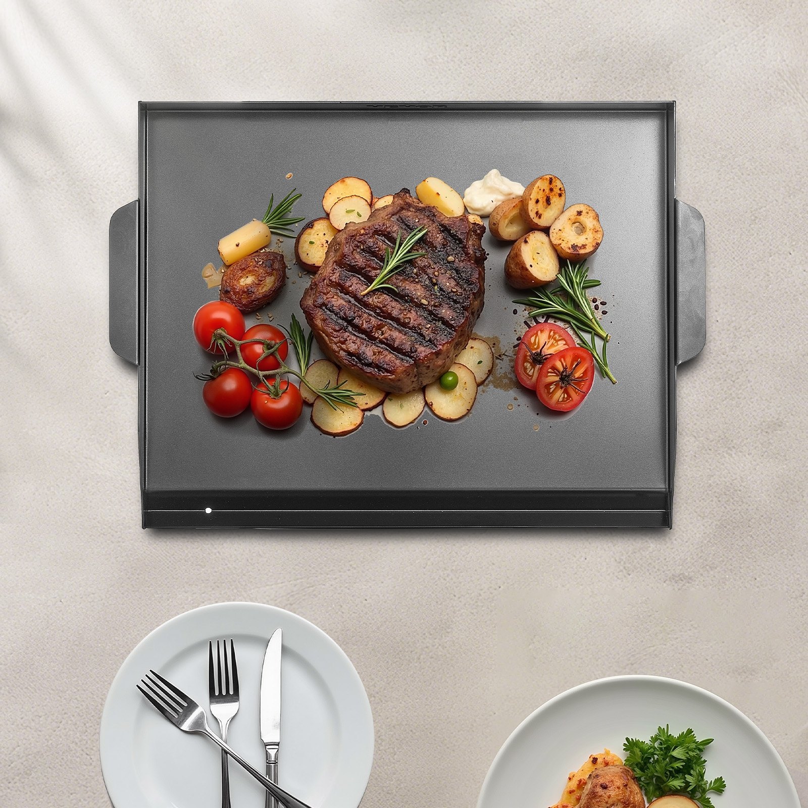 VEVOR Grillplatte Grillpfanne Karbonstahl universelle rechteckige Platte (502 x 370 mm) mit flacher Oberseite, Gasgrill-Grillplatte für BBQ-Grill Teppanyaki, tragbares Familienkochgeschirr mit Griff
