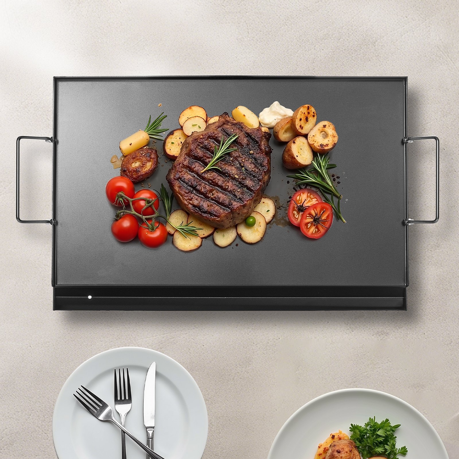 VEVOR Grillplatte Grillpfanne Karbonstahl universelle rechteckige Platte (606 x 360mm) mit flacher Oberseite, Gasgrill-Grillplatte für BBQ-Grill Teppanyaki, tragbares Familienkochgeschirr mit Griff