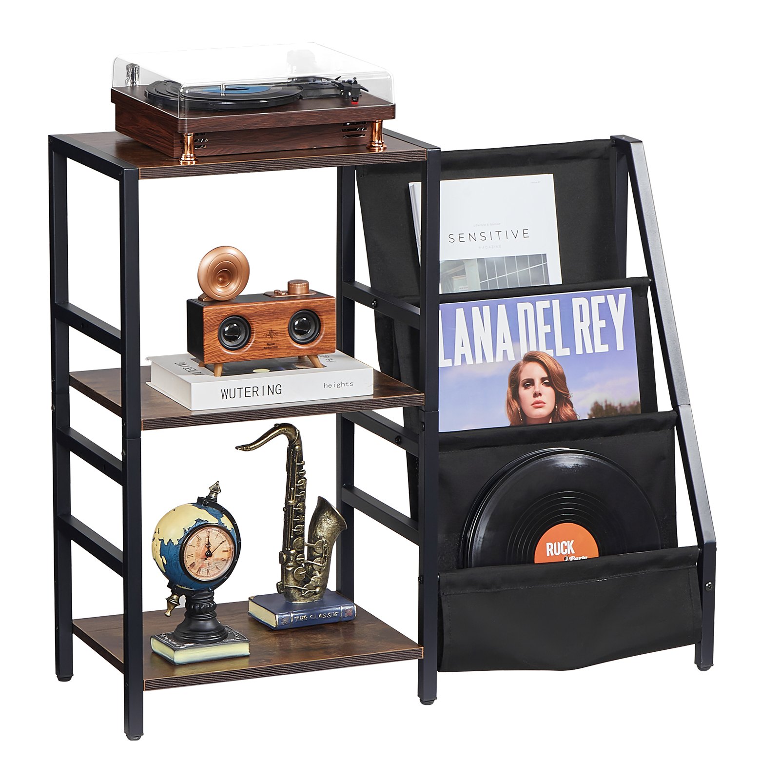 VEVOR Turntable Stand with Charging Station and USB Ports, Record Storage for up to 200 Albums, 3-Tier Turntable Table with Display Shelf for Bedroom Living Room