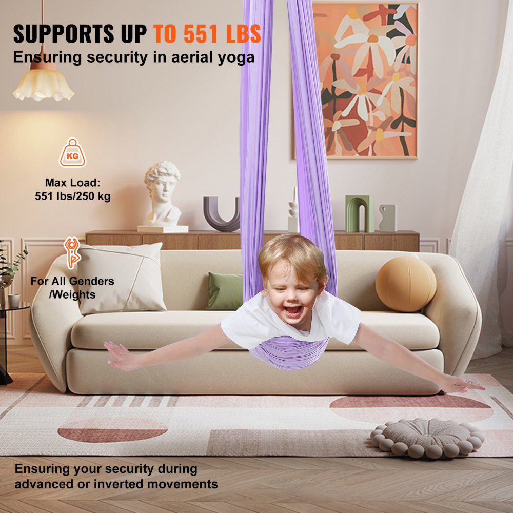 VEVOR Aerial Yoga Hängematte Set 2,8 x 1,6 m, Lila Aerial Yoga Swing Air Fliegen, Kinder Aerial Yoga Hammock Swing 250 kg Max.Tragfähigkeit, inkl. Yoga-Socken & O-förmige Schlinge & Deckenhalterung