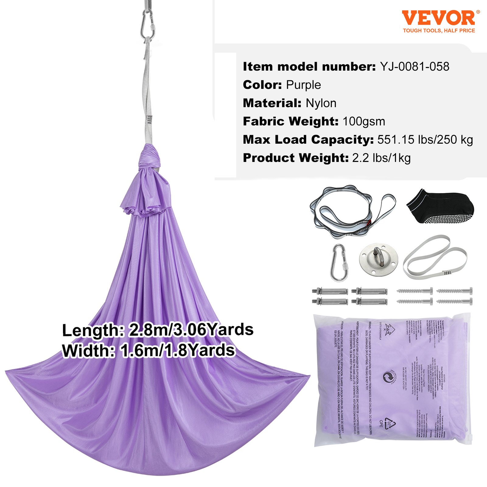 VEVOR Aerial Yoga Hängematte Set 2,8 x 1,6 m, Lila Aerial Yoga Swing Air Fliegen, Kinder Aerial Yoga Hammock Swing 250 kg Max.Tragfähigkeit, inkl. Yoga-Socken & O-förmige Schlinge & Deckenhalterung