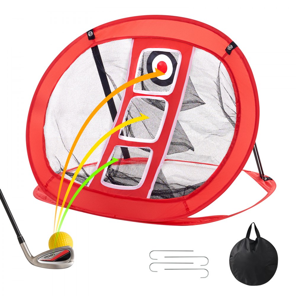 rotes VEVOR Golf-Chipping-Netz mit Bullseye-Zielscheibe, Golfschläger, Golfball, Metallpfählen und Tragetasche.