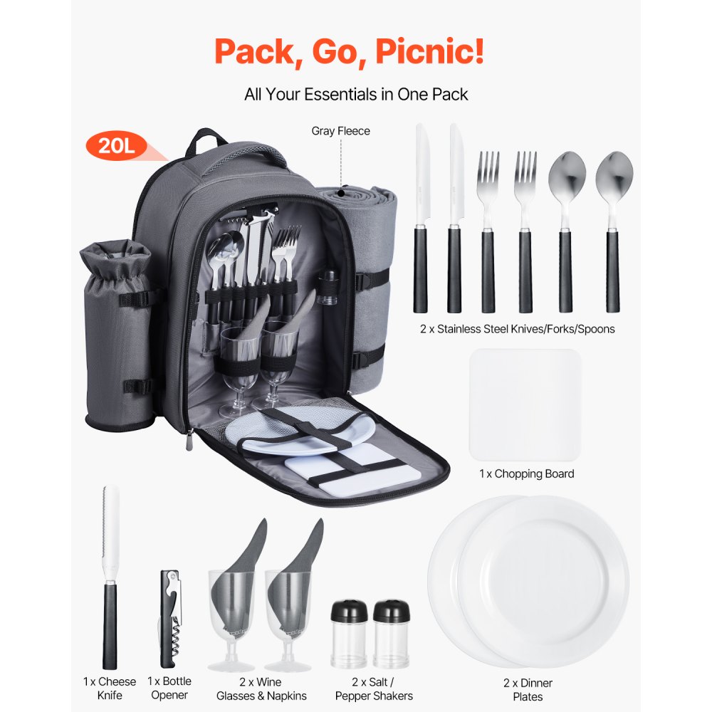 VEVOR Picknickrucksack Picknicktasche (20 L) für 2 Personen mit isoliertem & geräumigem Kühlfach & abnehmbarem Flaschen-/Weinhalter, leichter Decke, Teller- und Besteckset zum Wandern Camping, Grau