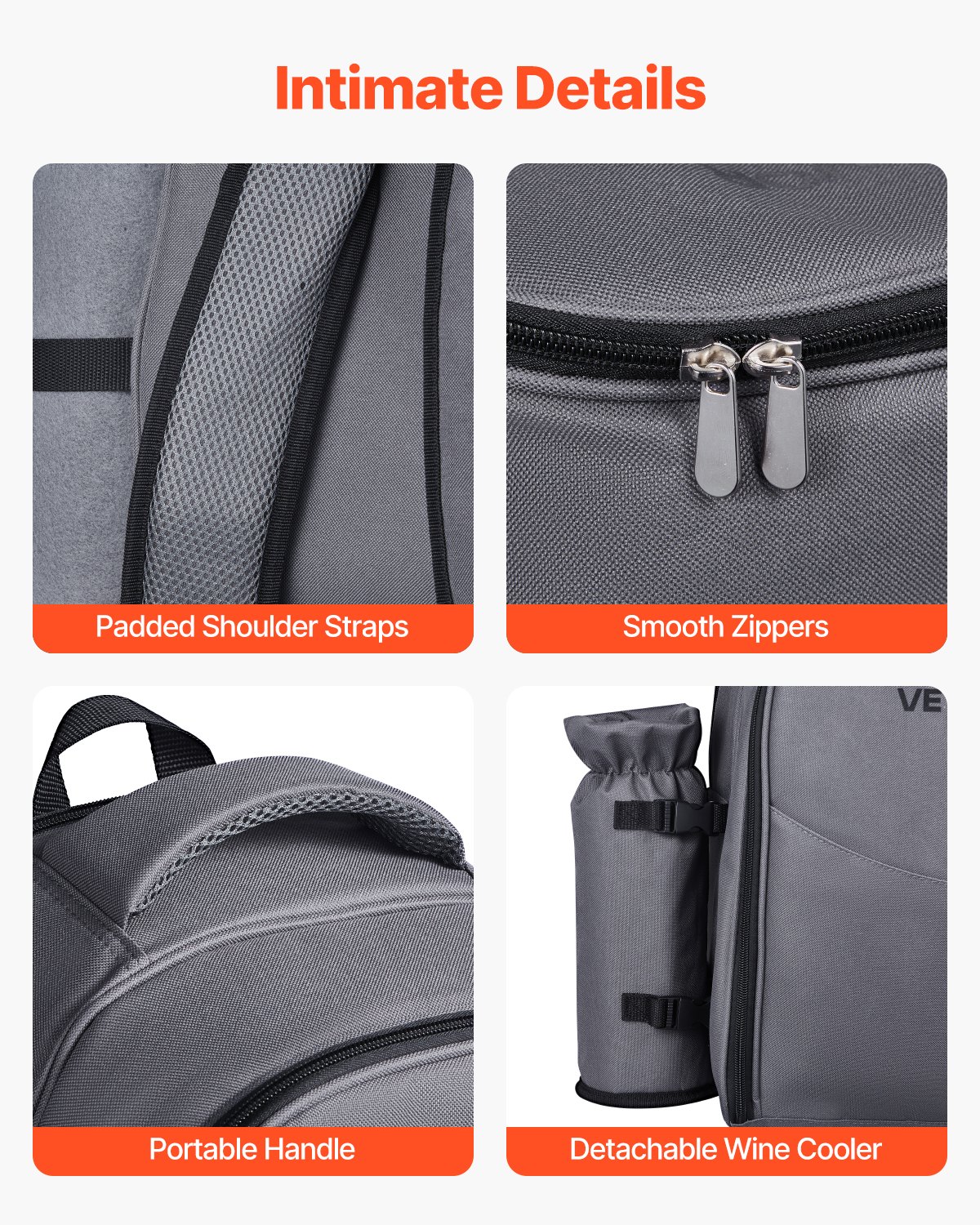 VEVOR Picknickrucksack Picknicktasche (20 L) für 2 Personen mit isoliertem & geräumigem Kühlfach & abnehmbarem Flaschen-/Weinhalter, leichter Decke, Teller- und Besteckset zum Wandern Camping, Grau