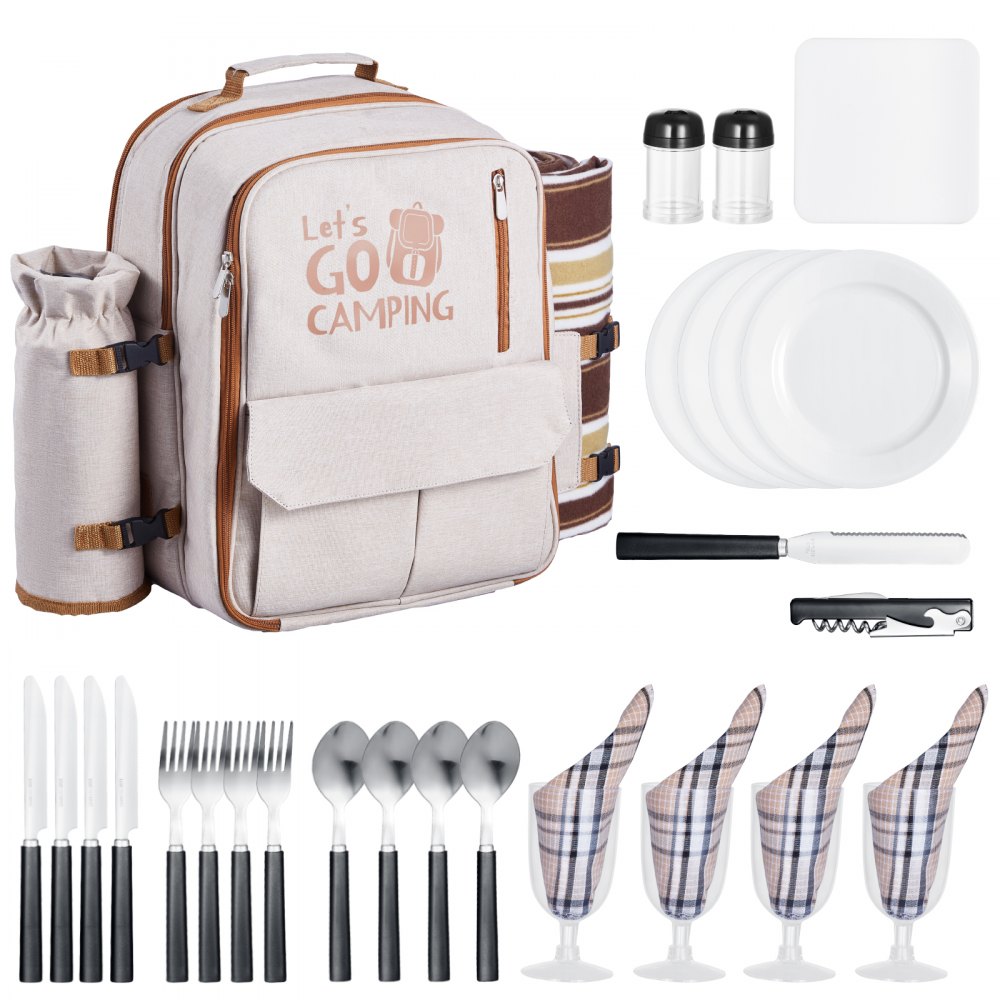 VEVOR Picknickrucksack Picknicktasche (20 L) für 4 Personen mit isoliertem Kühlfach & abnehmbarem Flaschen-/Weinhalter, leichter Decke, Teller- und Besteckset zum Wandern Camping, Beige