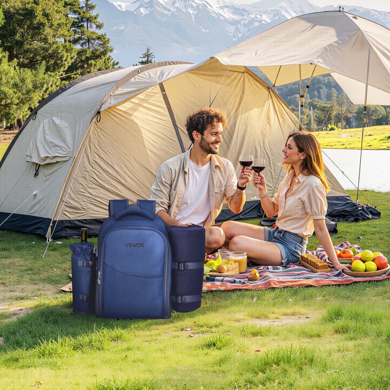 VEVOR Picnic Backpack/Picnic Bag (20 L) for 2 People with Insulated Cooler Compartment, Removable Bottle/Wine Holder, Lightweight Blanket, and Plate and Cutlery Set for Hiking and Camping, Navy Blue