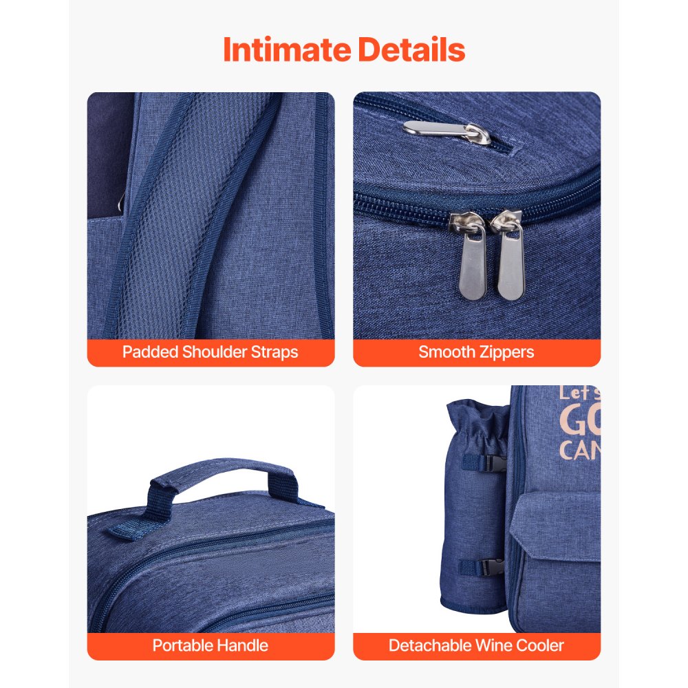 VEVOR Picknickrucksack Picknicktasche (20 L) für 4 Personen mit isoliertem & Kühlfach & abnehmbarem Flaschen-/Weinhalter, leichter Decke, Teller- und Besteckset zum Wandern Camping, Marineblau