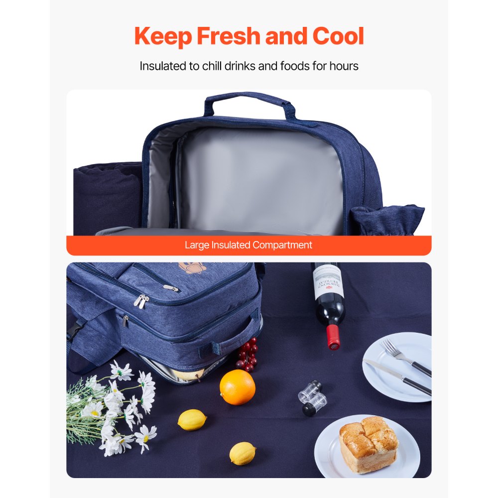 VEVOR Picnic Backpack/Picnic Bag (20 L) for 4 People with Insulated & Cooler Compartment & Removable Bottle/Wine Holder, Lightweight Blanket, Plate and Cutlery Set for Hiking and Camping, Navy Blue