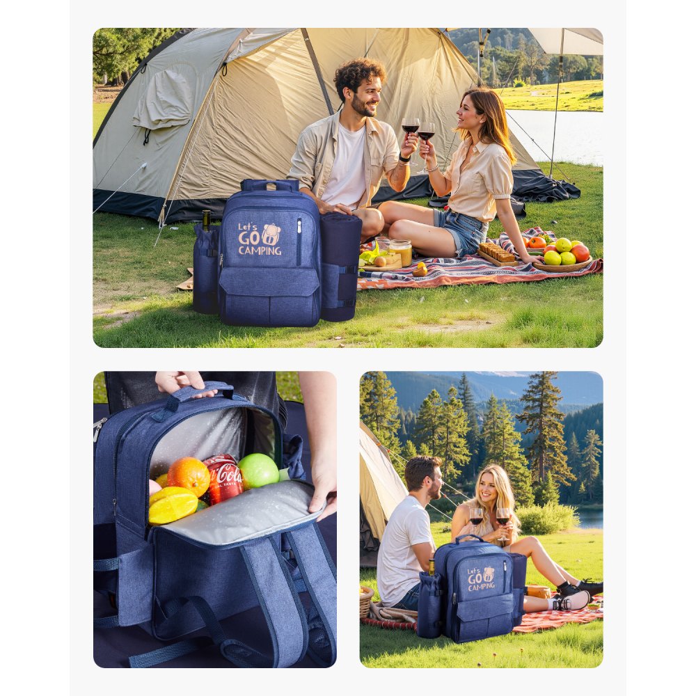VEVOR Picnic Backpack/Picnic Bag (20 L) for 4 People with Insulated & Cooler Compartment & Removable Bottle/Wine Holder, Lightweight Blanket, Plate and Cutlery Set for Hiking and Camping, Navy Blue