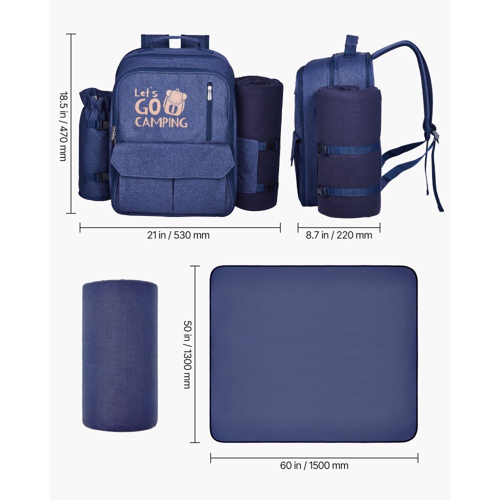 VEVOR Picnic Backpack/Picnic Bag (20 L) for 4 People with Insulated & Cooler Compartment & Removable Bottle/Wine Holder, Lightweight Blanket, Plate and Cutlery Set for Hiking and Camping, Navy Blue