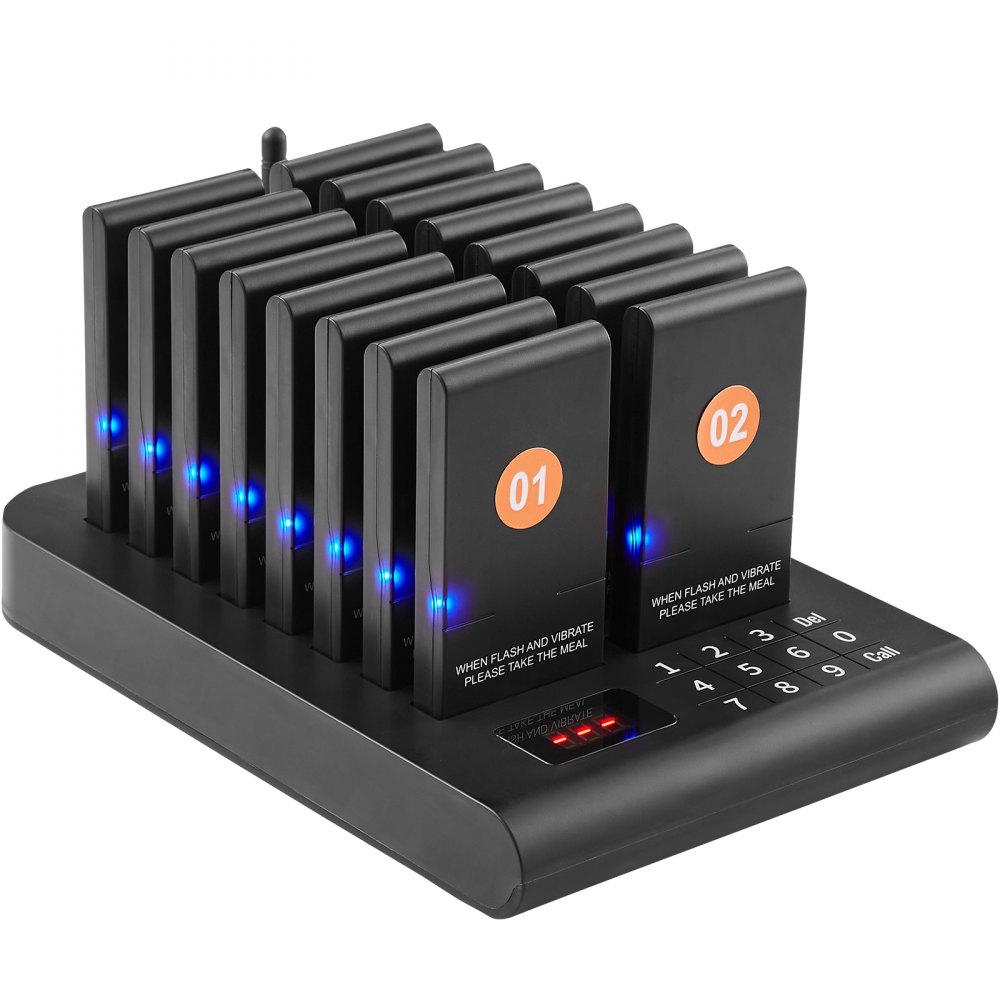 VEVOR Restaurant-Pager-System, kabelloses Warteschlangensignal mit 500 m Reichweite, Piepser zur Rufannahme von Gästen mit Vibration und Blinken, 16 Pager für Imbisswagen, Kirche
