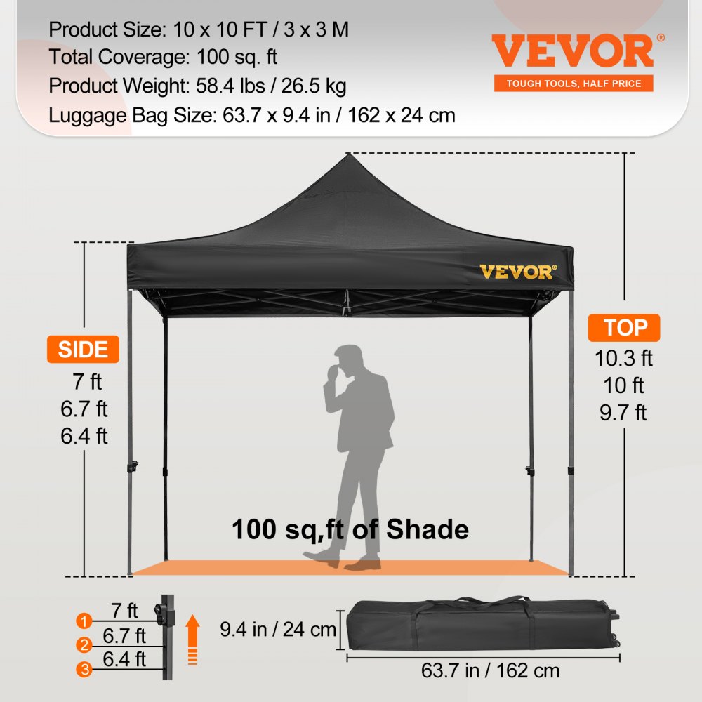 VEVOR Pavillon faltbar 3x3m Faltpavillon 240g PVC-beschichtetes Polyester Pop-Up-Pavillon 1,95-2,13m Einstellbar Partyzelt Gartenzelt Strandzelt für Hochzeiten oder andere kommerzielle Aktivitäten