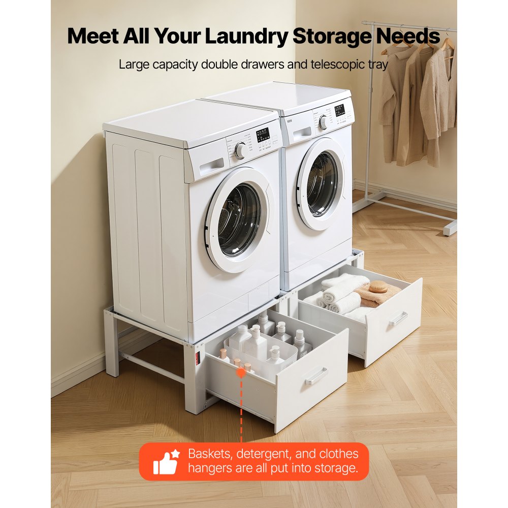 VEVOR Laundry Pedestal, 290 mm Height, Washer and Dryer Pedestals with Drawer, 150 kg Weight Load Capacity, Non-Slip Feet, Heavy-duty Steel Washing Machine Stand Universal Fit, White, 2 Pack