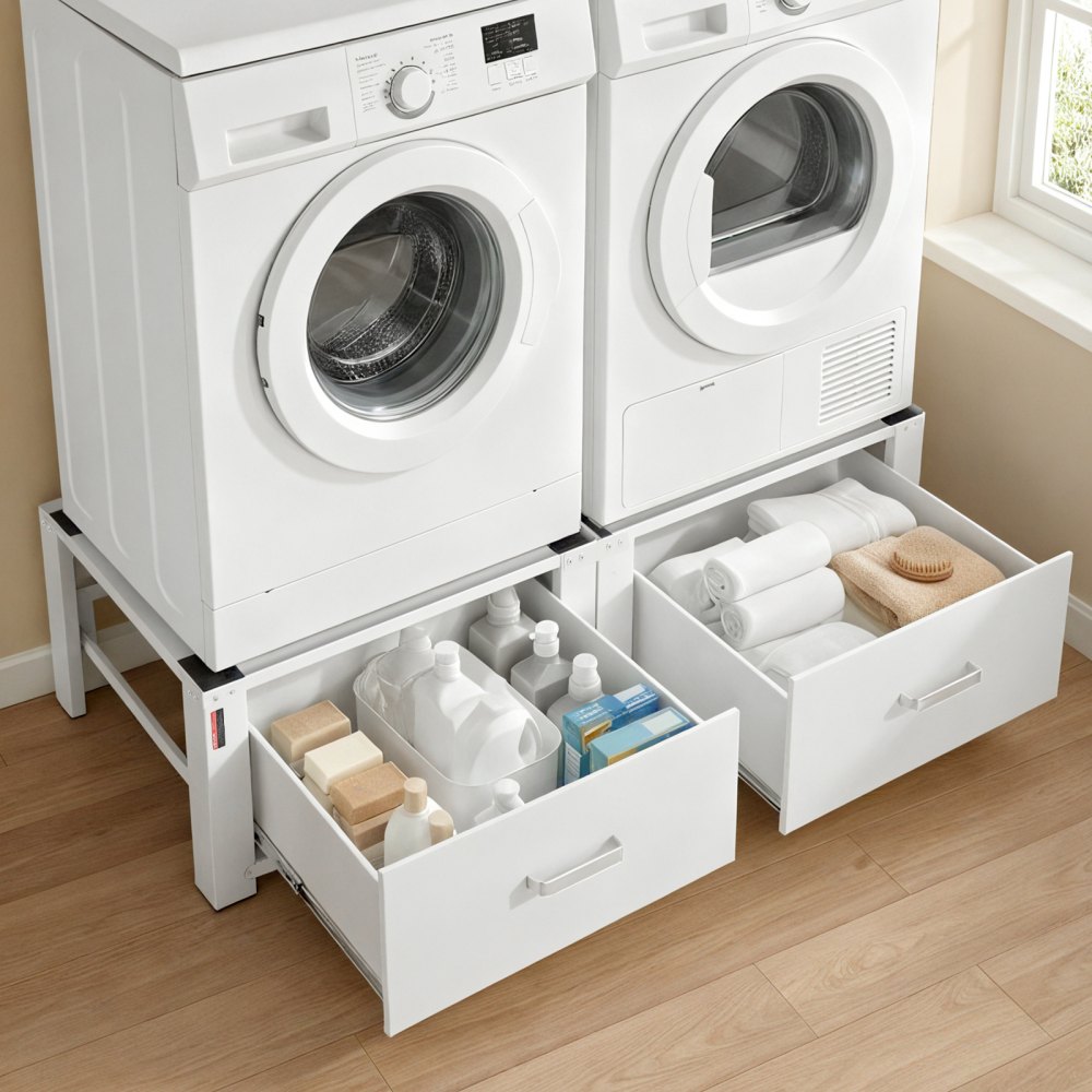 VEVOR Laundry Pedestal, 290 mm Height, Washer and Dryer Pedestals with Drawer, 150 kg Weight Load Capacity, Non-Slip Feet, Heavy-duty Steel Washing Machine Stand Universal Fit, White, 2 Pack