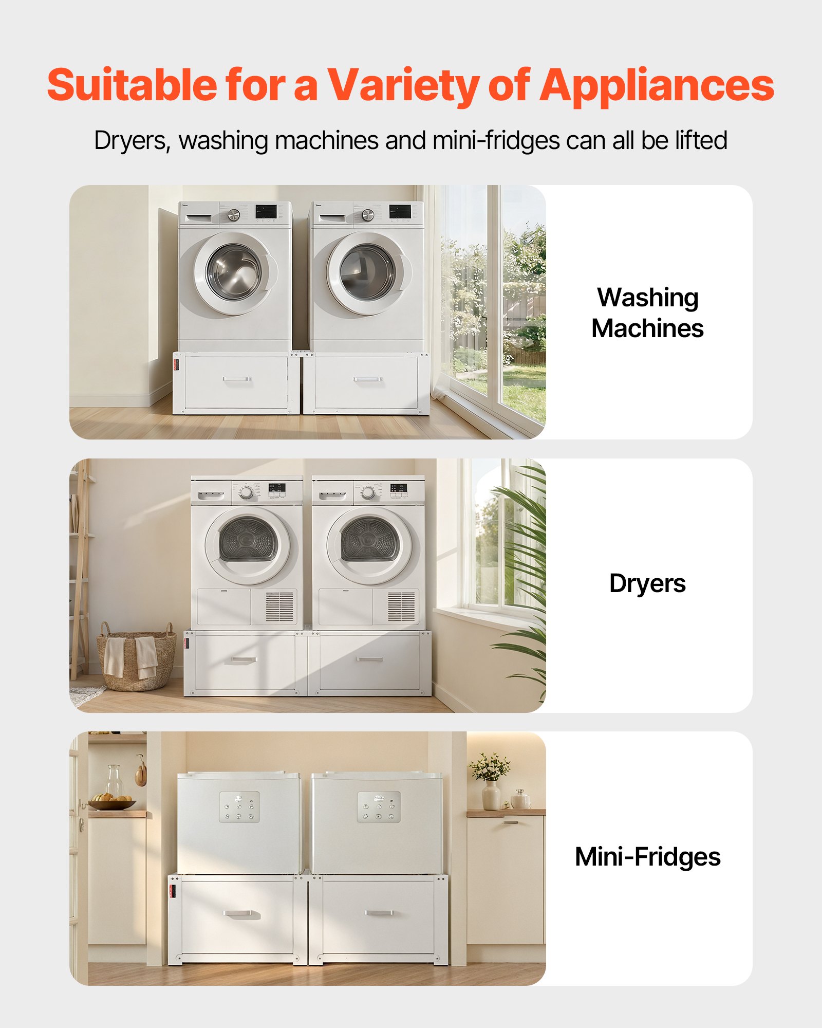 VEVOR Laundry Pedestal, 290 mm Height, Washer and Dryer Pedestals with Drawer, 150 kg Weight Load Capacity, Non-Slip Feet, Heavy-duty Steel Washing Machine Stand Universal Fit, White, 2 Pack