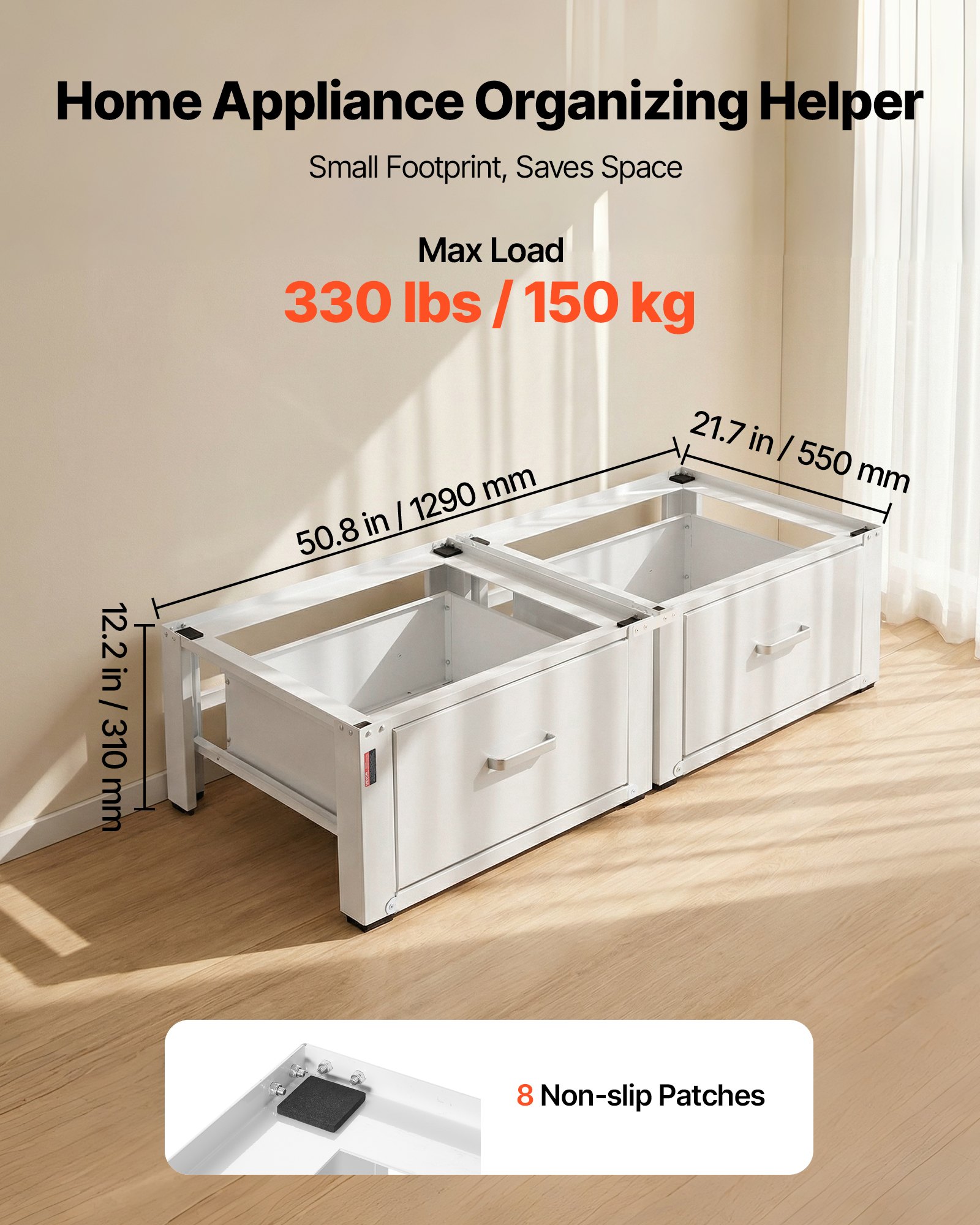 VEVOR Laundry Pedestal, 290 mm Height, Washer and Dryer Pedestals with Drawer, 150 kg Weight Load Capacity, Non-Slip Feet, Heavy-duty Steel Washing Machine Stand Universal Fit, White, 2 Pack