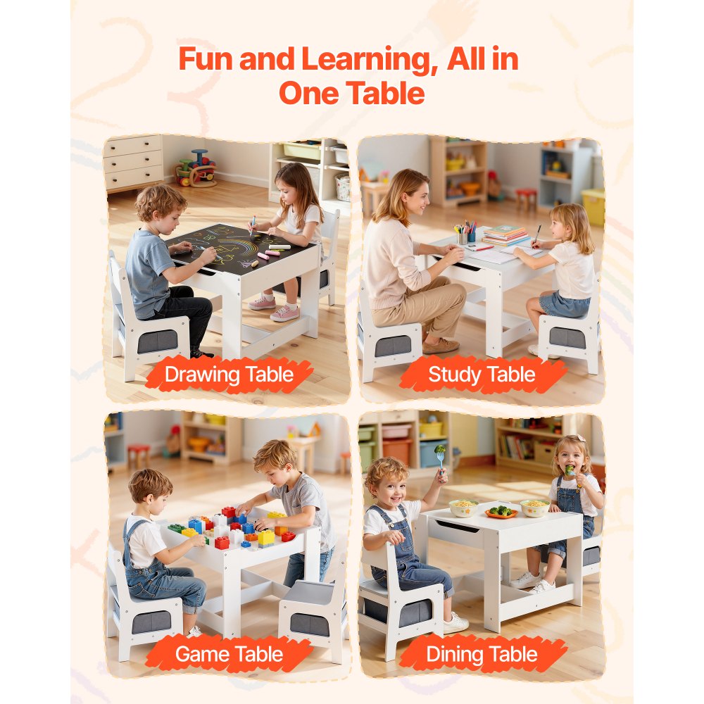 VEVOR Kids Table and 2 Chairs Set, Toddler Table and Chair Set with Storage Space under the Table, Cloth Storage Box under the Chairs, Wooden Desk for Art, Craft, Reading, Learning, Drawing, White