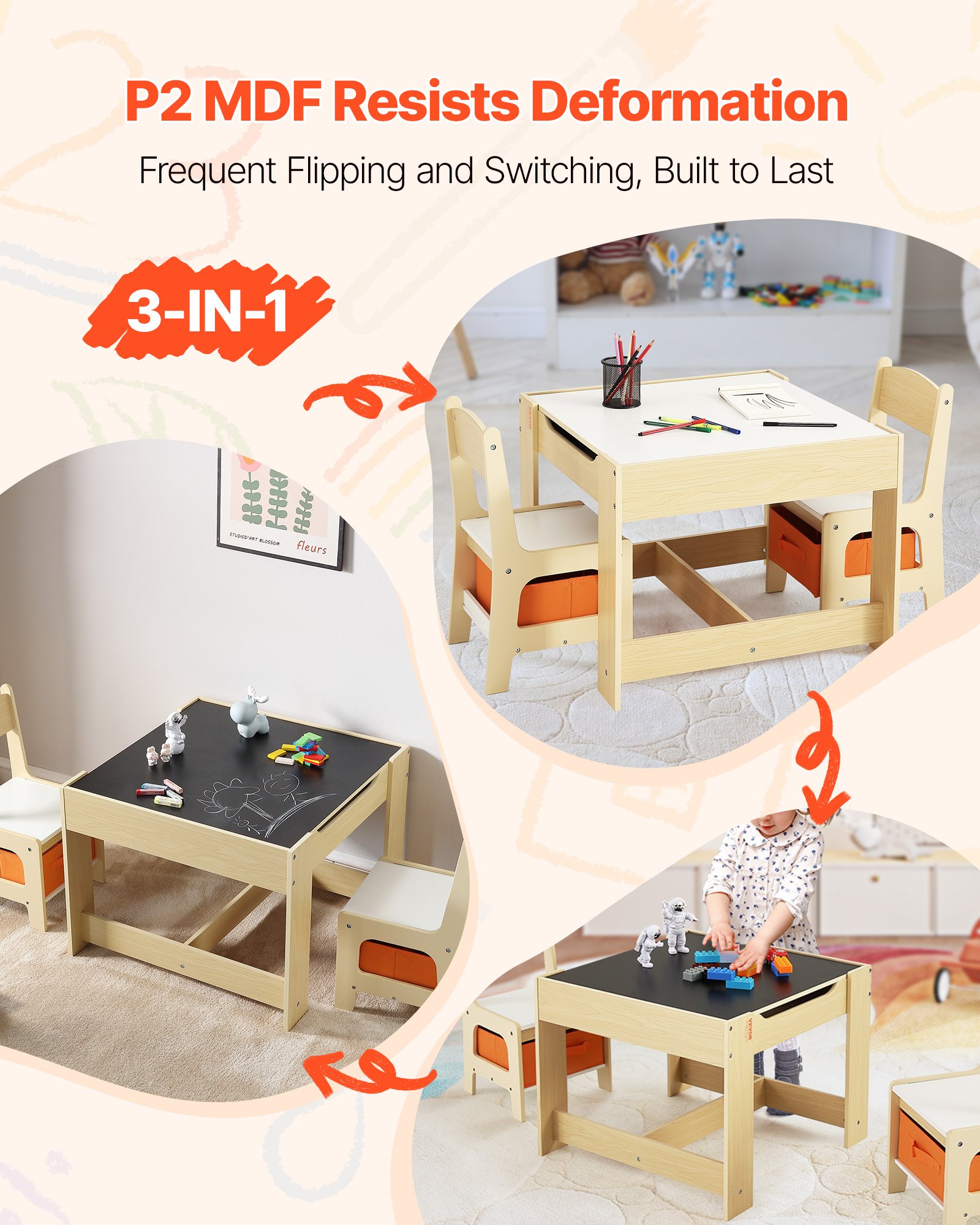 VEVOR Kindertisch mit 2 Stühlen & Stoffaufbewahrungsbox unter den Stühlen, Maltisch Set zum Lesen Lernen Zeichnen Schreiben, Kindersitzgruppe Kindertagesstätte, Basteltisch Spieltisch Schreibtisch