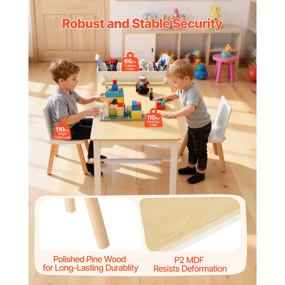 VEVOR Kindertisch mit 2 Stühlen & 3-stöckigem Aufbewahrungsschrank, Maltisch Set zum Lesen Lernen Zeichnen Schreiben, Kindersitzgruppe Kindertagesstätte, Basteltisch Spieltisch Schreibtisch, Weiß