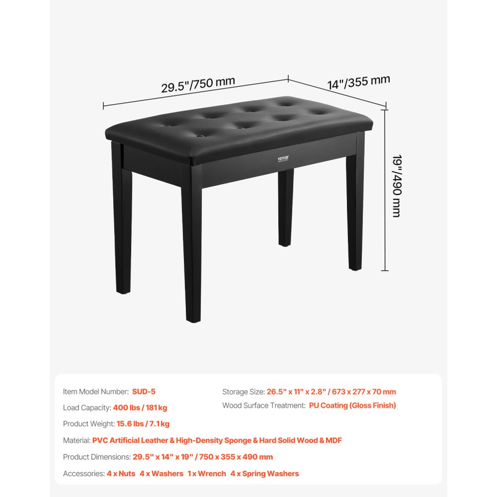 VEVOR Klavierhocker 750 x 355 x 490 mm, Klavierbank, Klavierstuhl mit hochdichter Polsterung, Ablagefach für Notenbücher, hölzerner Pianobank, Hockersitz, für Schminktisch und Wohnzimmer
