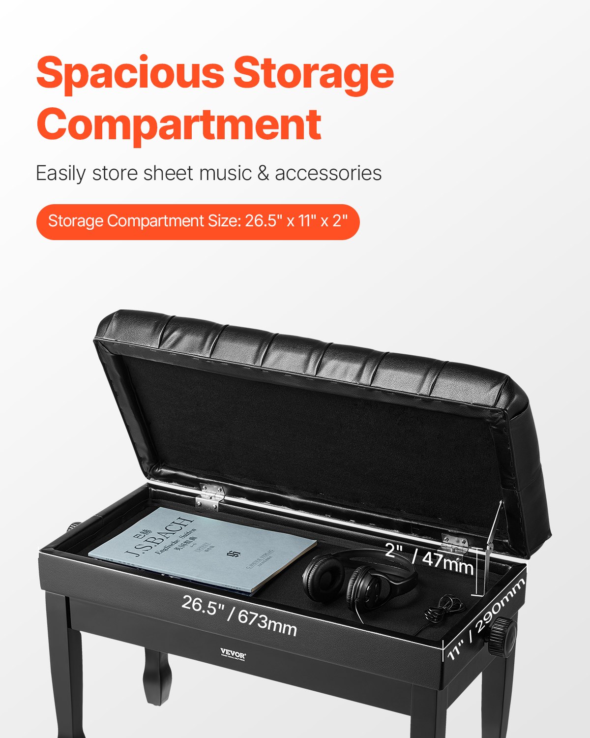 VEVOR Piano Bench, 750x360x515 mm, Duet Keyboard Piano Chair, 51 to 59 cm Adjustable Height, Padded Cushion, Storage Compartment for Sheet Music, Wooden Piano Bench, for Dressing Table, Bedroom