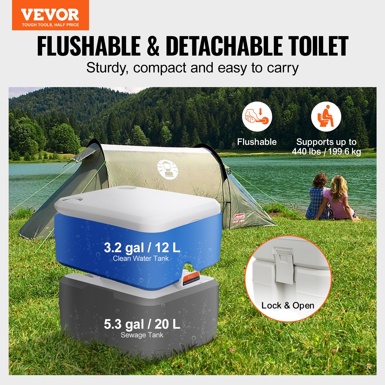 VEVOR Campingtoilette Mobile Toilette 20 + 12 L, Tragbare Campingtoilette mit Druckspüldesign 390x345x390 mm Reisetoilette Nottoilette Weiße Toiletten 199,6 kg Gewichtstragfähigkeit Wohnmobiltoilette
