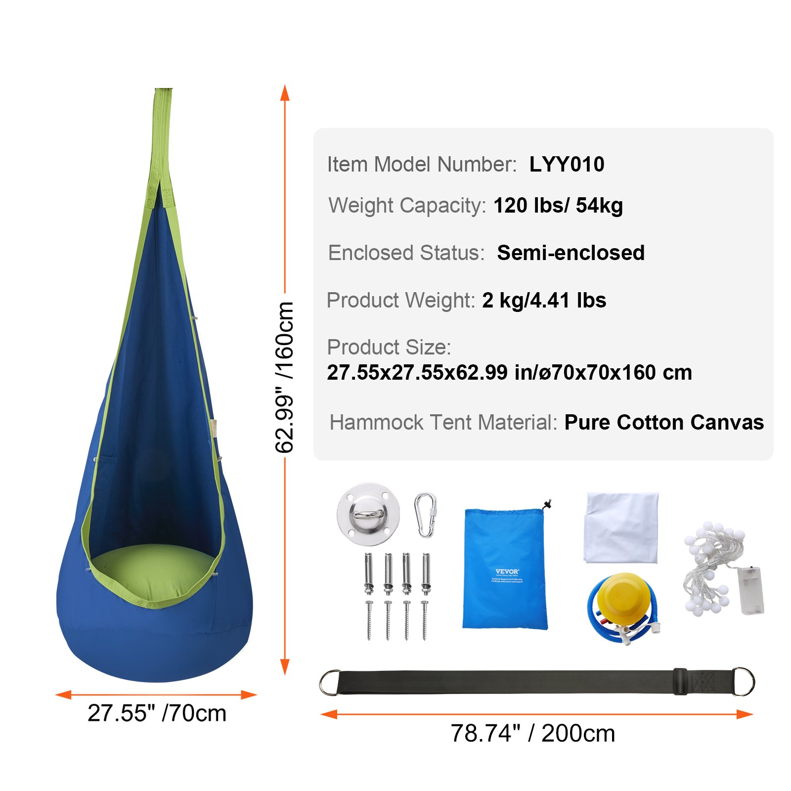 VEVOR Hängehöhle ø 70 x 160 cm Hängesessel 54 kg Tragfähigkeit Hängematte aus Baumwoll-Canvas LED-Lichterketten Hängesitz Hängezelt Schaukel Therapieschaukel Hängeschaukel Kinder Blau