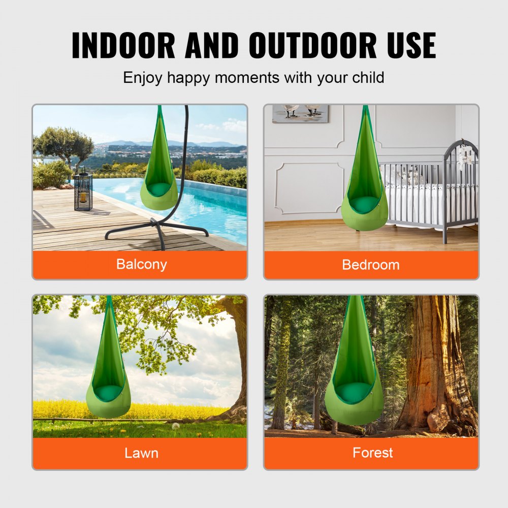 VEVOR Hanging Cave ø 70 x 160 cm Hanging Chair 54 kg Load Capacity Hammock made of Cotton Canvas LED String Lights Hanging Seat Hanging Tent Swing Therapy Swing Hanging Swing Children's Green