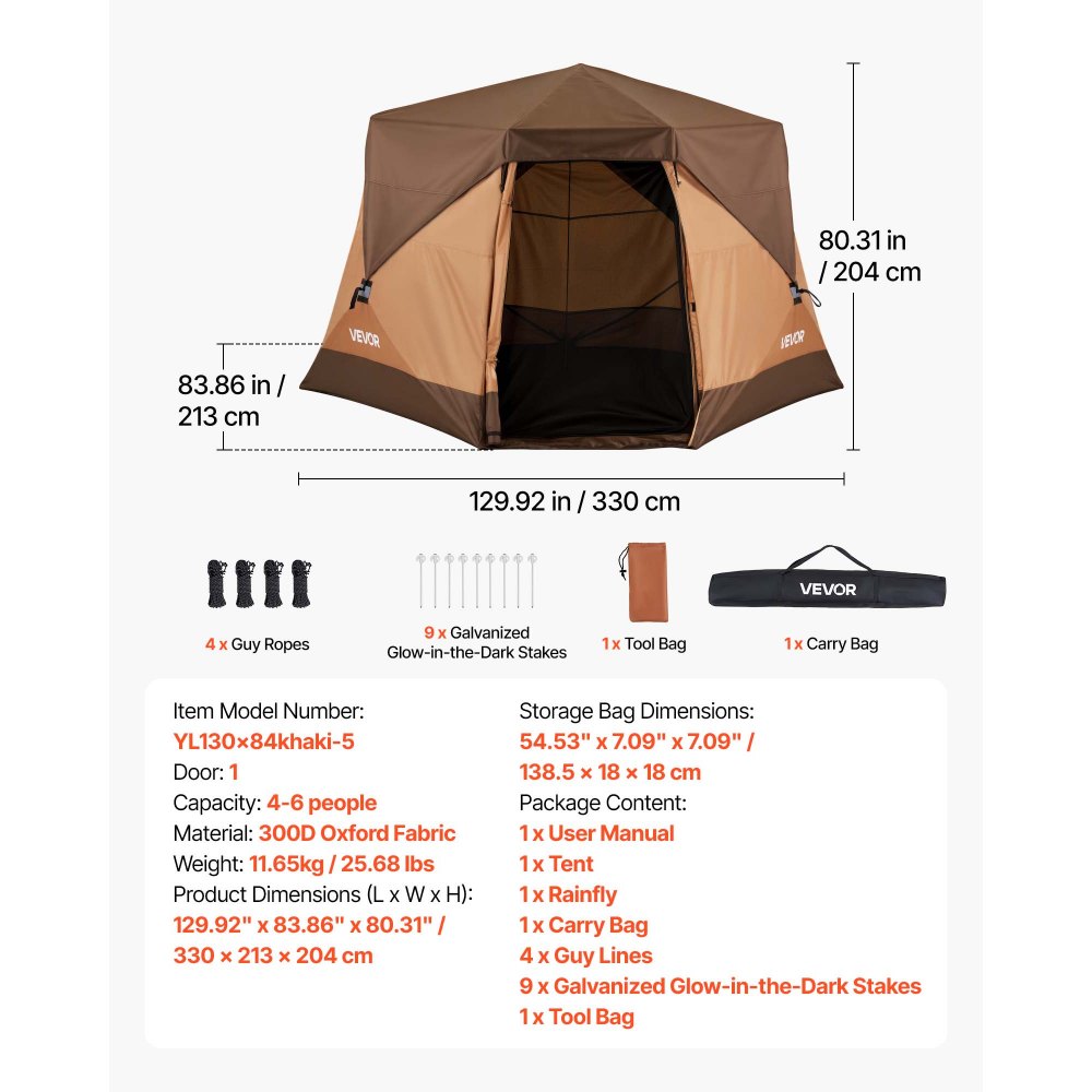 VEVOR Campingzelt 6 Personen, Pop-Up-Zelt mit Regenschutz & Netzfenstern, Schnellaufbau in 60 Sekunden, Tragbares Zelt mit Tragetasche für Familien-Camping & Wanderungen, 330x213x204 cm