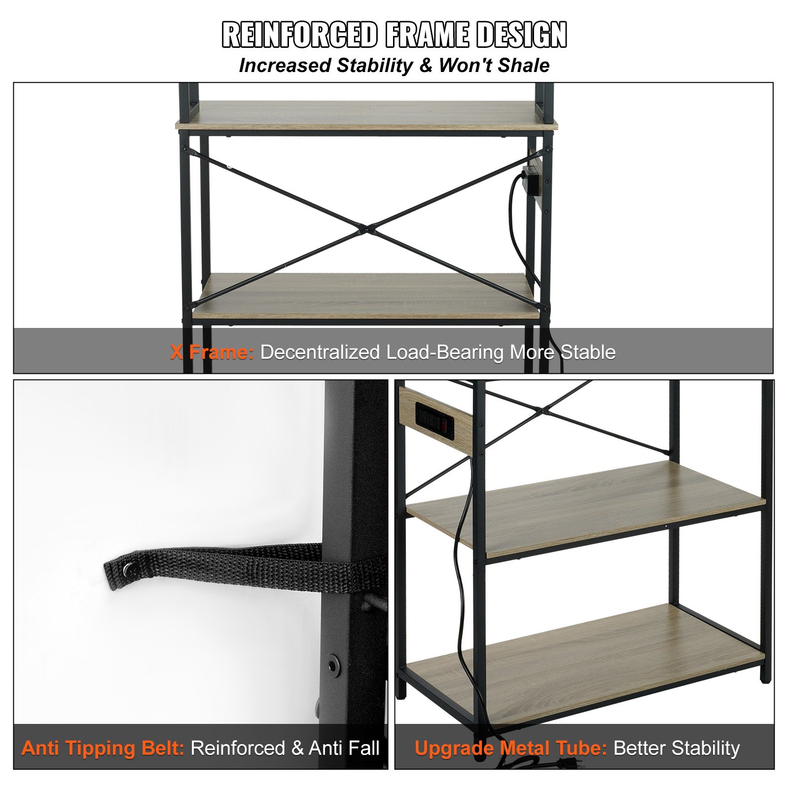 VEVOR Küchenregale Standregal 800 x 400 x 1680 mm, Küchen Bäckerregal 6-stockiges Mikrowellenregal, 120,2 kg Belastbar Gewürzregale mit 6 Haken Küchenregal Eingebaute Steckdose Industrie-Design