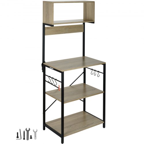 VEVOR 4-stufiges Küchenregal Standregal 600 x 380 x 1530 mm, Bäckerregal mit 6 Haken und Regalablagen, 54,9 kg Belastbar Mikrowellenregal,