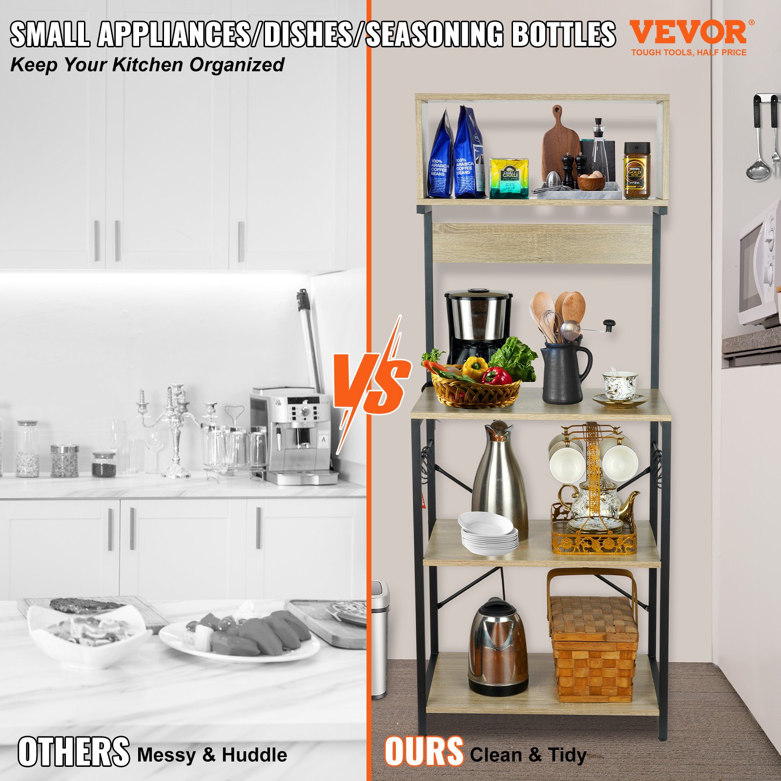 VEVOR 4-stufiges Küchenregal Standregal 600 x 380 x 1530 mm, Bäckerregal mit 6 Haken und Regalablagen, 54,9 kg Belastbar Mikrowellenregal, Industrie-Design, Geschirr Wasserkocher Toaster Aufbewahrung